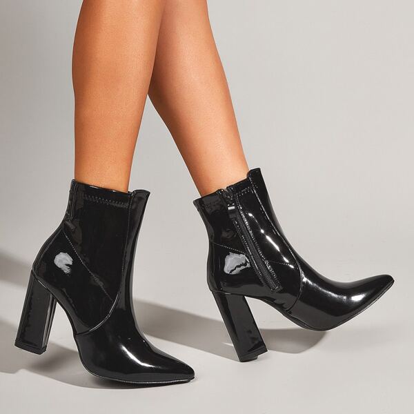 

Point Toe Patent Leather Chunky Heeled Boots, Black