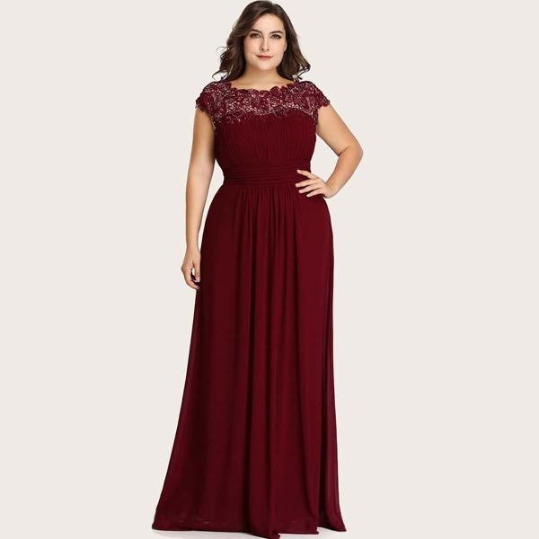 

Plus Lace Yoke Pleated Chiffon Prom Dress, Burgundy