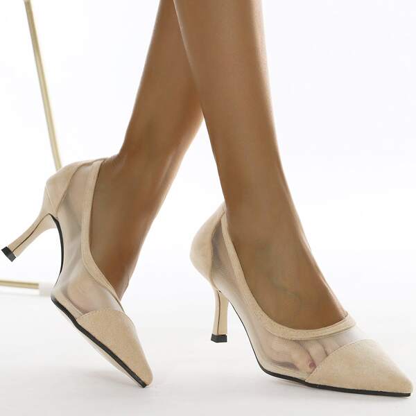 

Contrast Mesh Stiletto Court Heels, Khaki