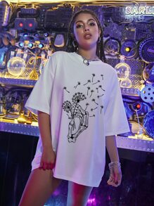 Camiseta con estampado de mano de esqueleto y de diente de león - Blanco - Ver 1
