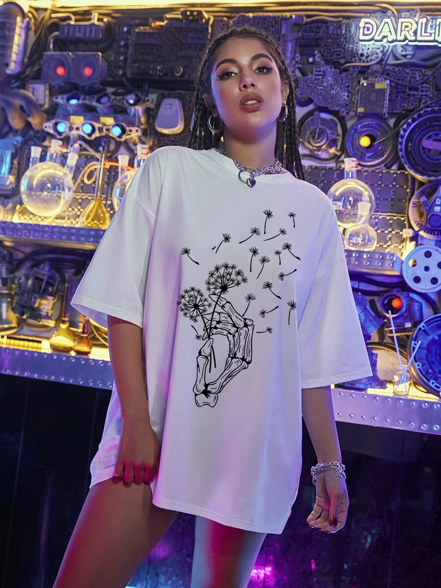 Camiseta con estampado de mano de esqueleto y de diente de león - Blanco - Ver 1