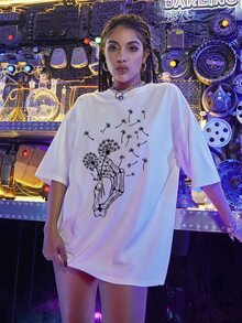 Camiseta con estampado de mano de esqueleto y de diente de león - Blanco - Ver 3
