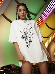 Camiseta con estampado de mano de esqueleto y de diente de león - Blanco - Ver 5