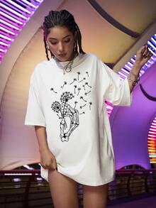 Camiseta con estampado de mano de esqueleto y de diente de león - Blanco - Ver 6