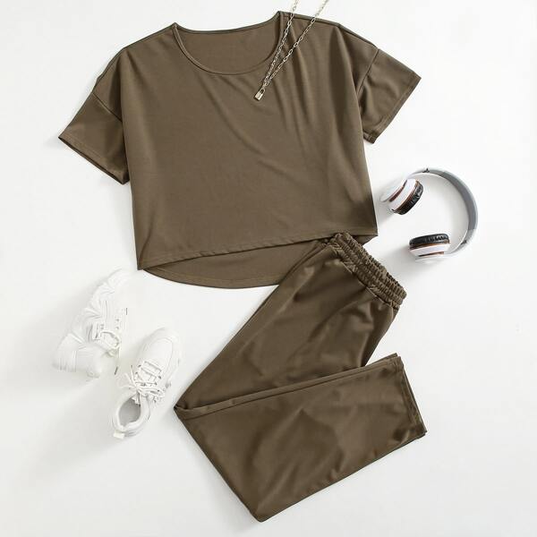 

Plus Solid Dip Hem Tee & Pants, Mocha brown