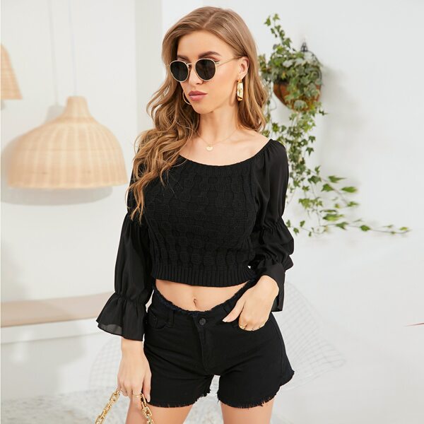 

Solid Flounce Sleeve Crop Sweater, Black