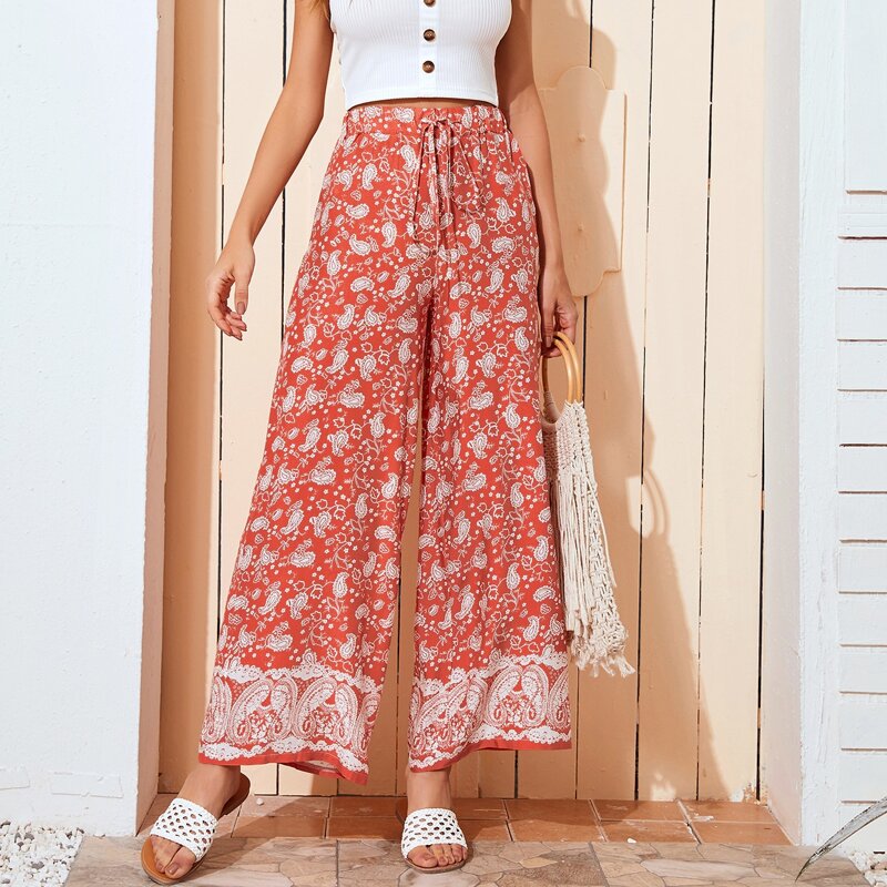

Drawstring Waist Paisley Print Wide Leg Pants, Red and white