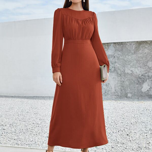 

Puff Sleeve Ruched Solid A-line Dress, Burnt orange