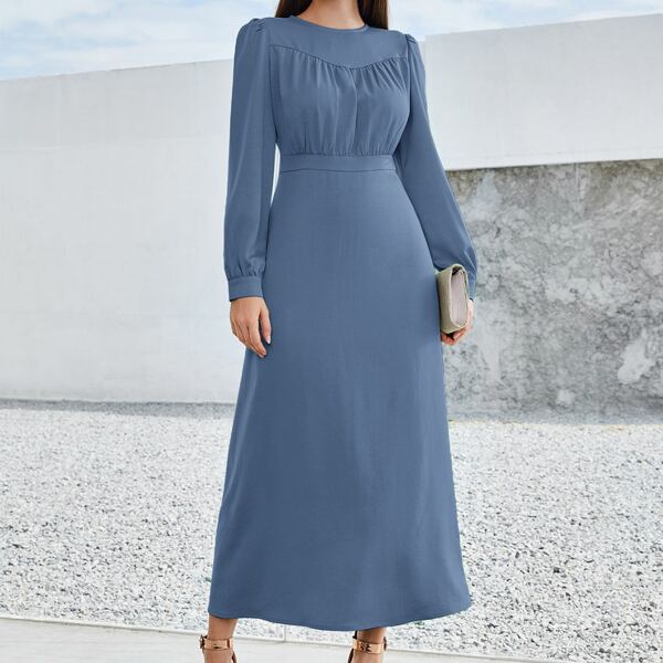 

Puff Sleeve Ruched Solid A-line Dress, Dusty blue