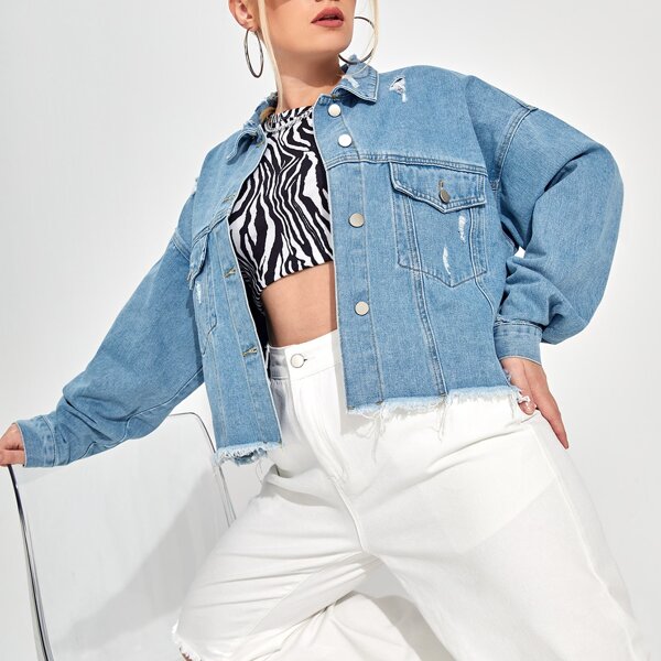 

Plus Drop Shoulder Ripped Denim Jacket, Medium wash