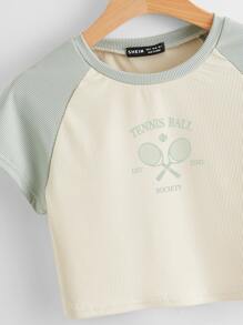 SHEIN Qutie Cartoon & Letter Graphic Crop Tee - Beige - View 3