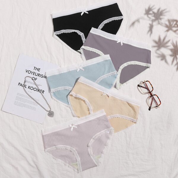 

5pack Bow Decor Lace Trim Panty Set, Multicolor
