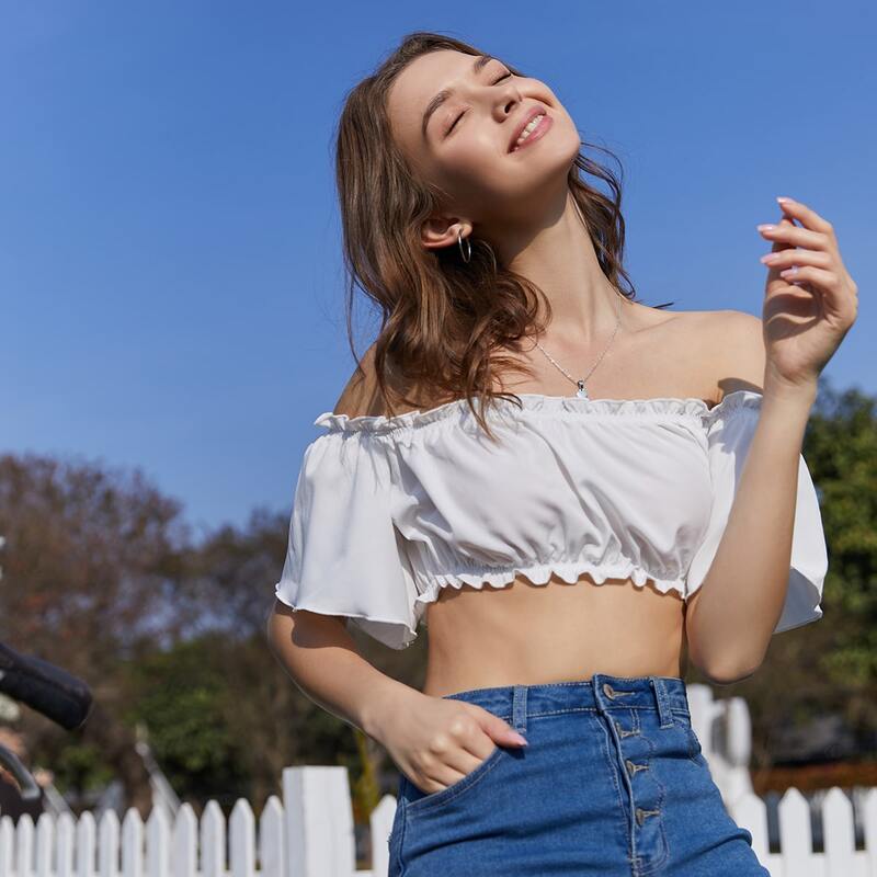 

Off Shoulder Frill Trim Crop Top, White