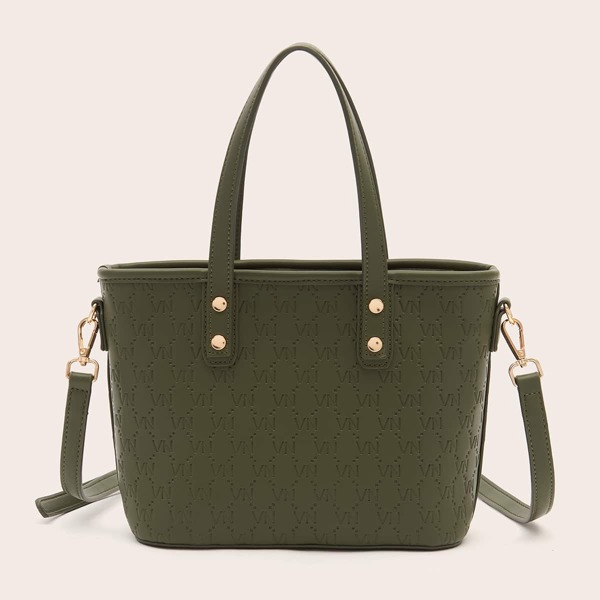 

Letter Embossed Tote Bag, Army green