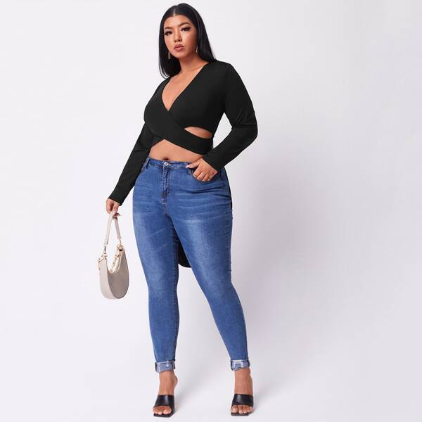 

Plus Plunging Neck Wrap Front High Low Top, Black