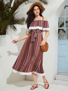 Mulvari Geo Print Fringe Trim Ruffle Belted Bardot Dress - Multicolor - View 1