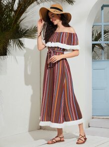 Mulvari Geo Print Fringe Trim Ruffle Belted Bardot Dress - Multicolor - View 3