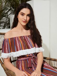 Mulvari Geo Print Fringe Trim Ruffle Belted Bardot Dress - Multicolor - View 4