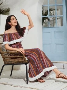 Mulvari Geo Print Fringe Trim Ruffle Belted Bardot Dress - Multicolor - View 5