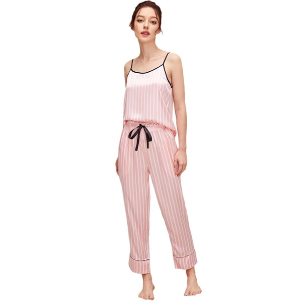 

Satin Striped Contrast Binding Night Set, Baby pink
