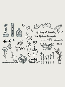 紋身貼紙套件，2 張蝴蝶和花卉圖案臨時紋身女式，混合紋身貼紙成人，看起來真實假紋身，適合男士、女士和女孩 - 黑色 - 查看 2