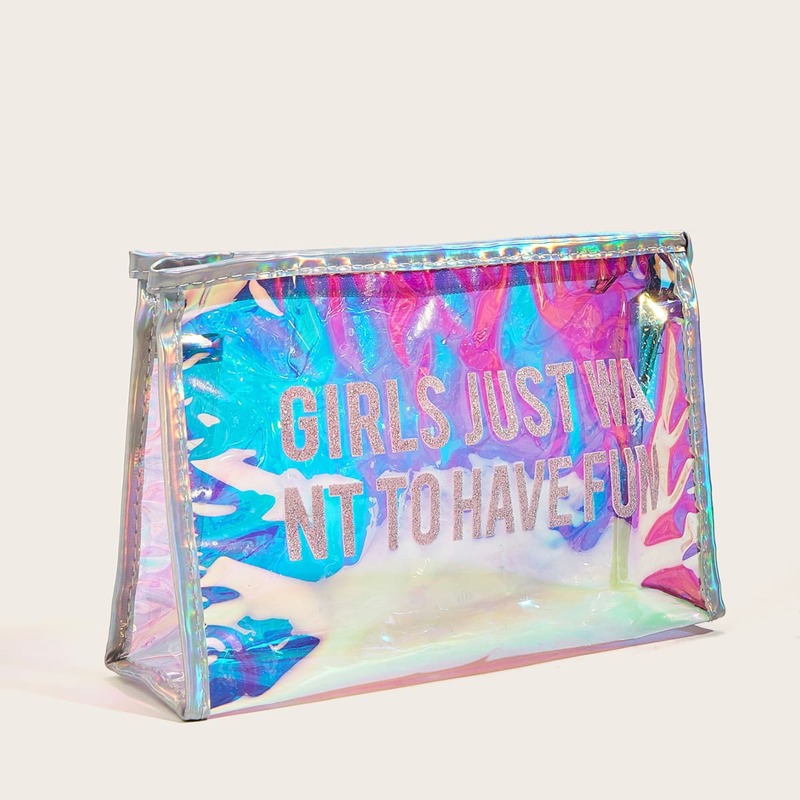 

Letter Graphic Laser Makeup Bag, Pink