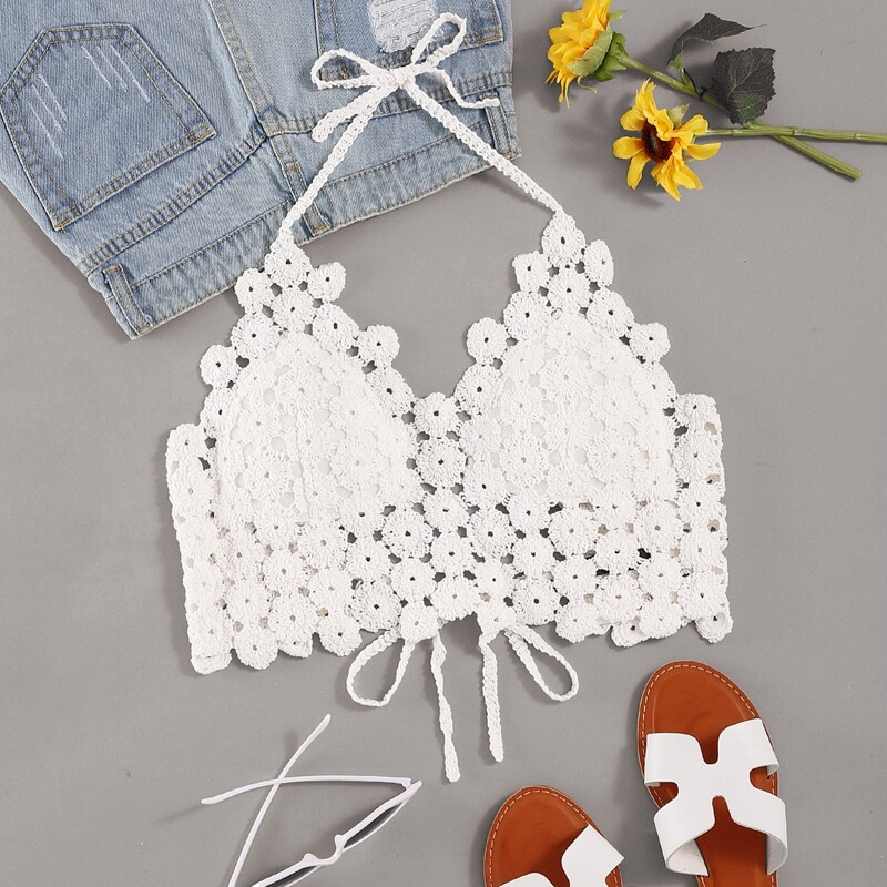 

Backless Open Knit Crop Halter Top, White