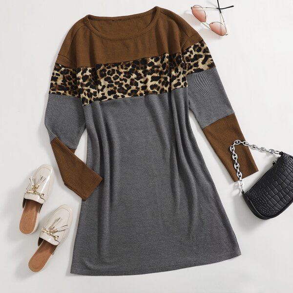 

Leopard Panel Colorblock Waffle Knit Dress, Multicolor