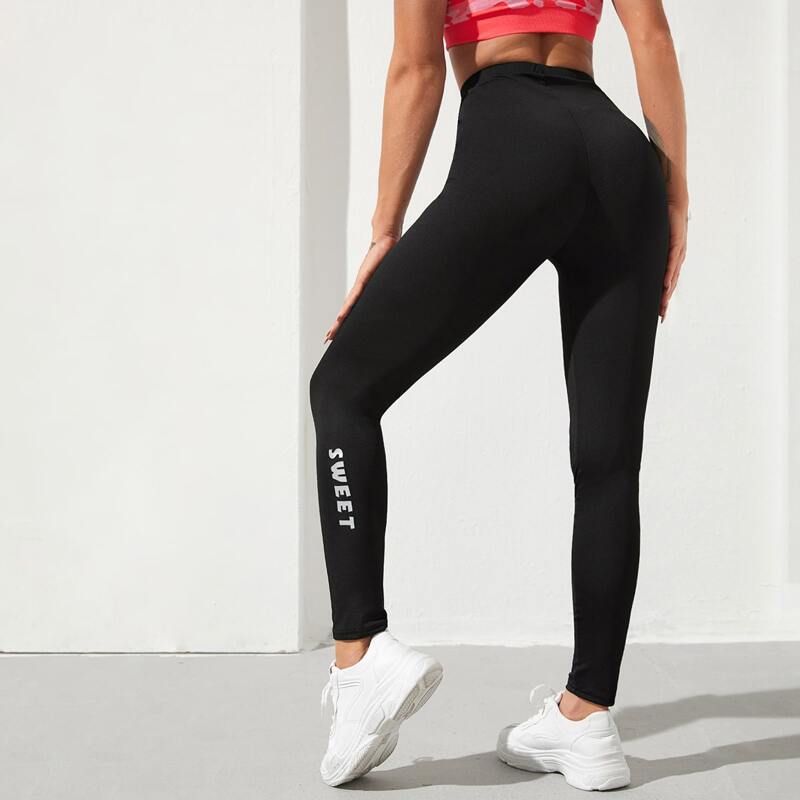 

Reflective Letter Graphic Sports Leggings, Black
