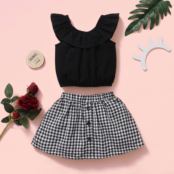 

Baby Girl Ruffle Trim Top & Gingham Skirt, Black and white