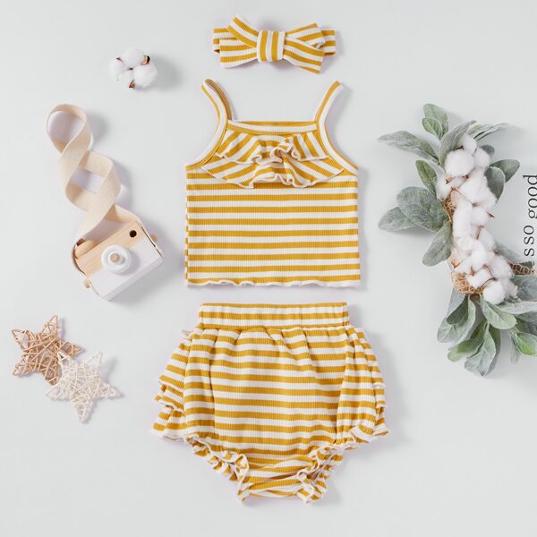 

Baby Girl Striped Ruffle Trim Cami Top & Shorts & Headband, Multicolor