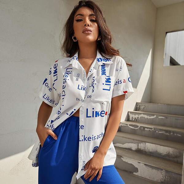 

Collared Pocket Front Letter Graphic Blouse, White