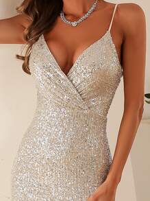 Elisanya Đầm dạ hội xẻ đùi sequins thanh lịch, trang trọng, dự tiệc cưới, tốt nghiệp, tiệc tối - Bạc - Xem 6