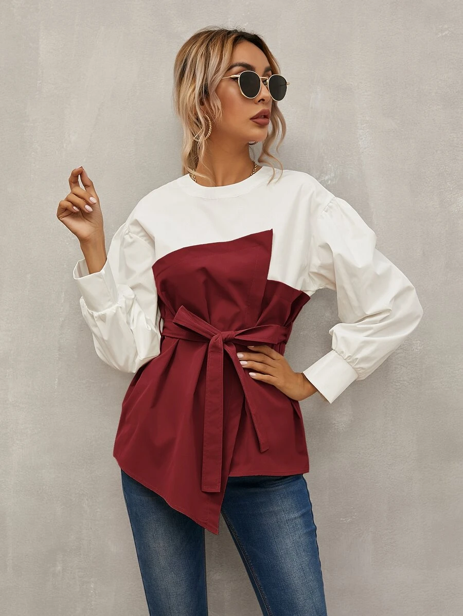 SHEIN LUNE Top 2 en 1 con cinturón de espalda con abertura de ojo - Rojo y blanco - Ver 1