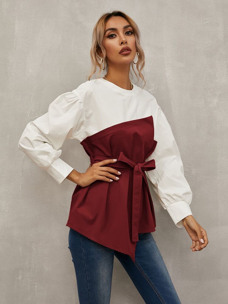 SHEIN LUNE Keyhole Back Belted 2 In 1 Top - Red and White - View 5
