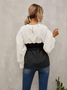 Calvaya Keyhole Back Belted 2 In 1 Top Fall Cloth For Women - Black and White - View 2