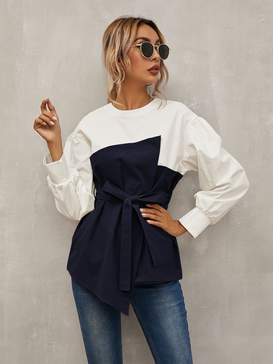 SHEIN LUNE Áo sơ mi Thắt lưng Khối Màu Thanh lịch - Xanh và trắng - Xem 1