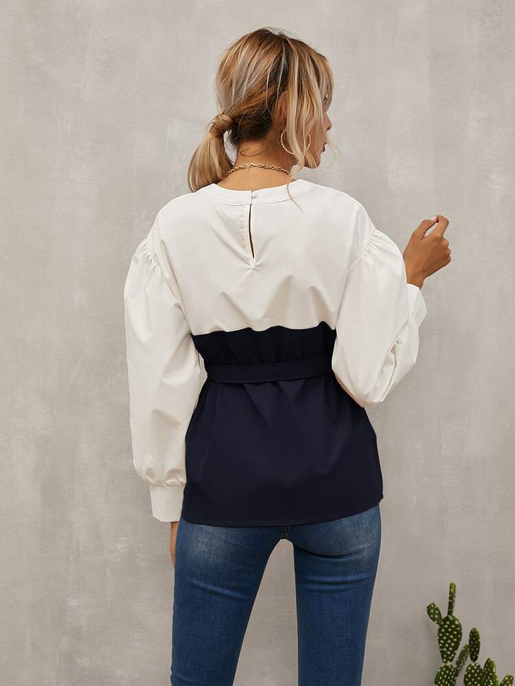 SHEIN LUNE Keyhole Back Belted 2 In 1 Top - Blue and White - View 2