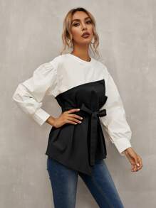 Calvaya Keyhole Back Belted 2 In 1 Top Fall Cloth For Women - Black and White - View 5