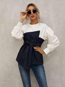 SHEIN LUNE Áo sơ mi Thắt lưng Khối Màu Thanh lịch - Xanh và trắng - Xem 3