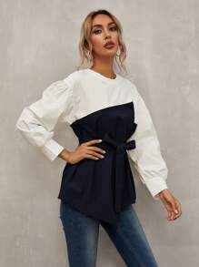 SHEIN LUNE Áo sơ mi Thắt lưng Khối Màu Thanh lịch - Xanh và trắng - Xem 5