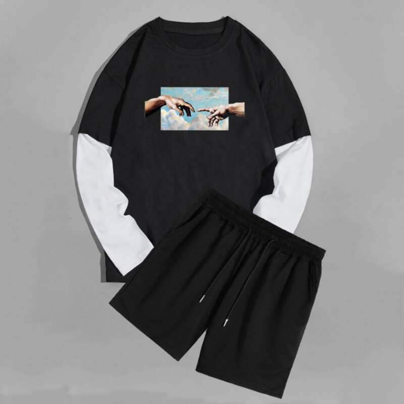 

Guys Gesture Print Colorblock Tee With Shorts, Black