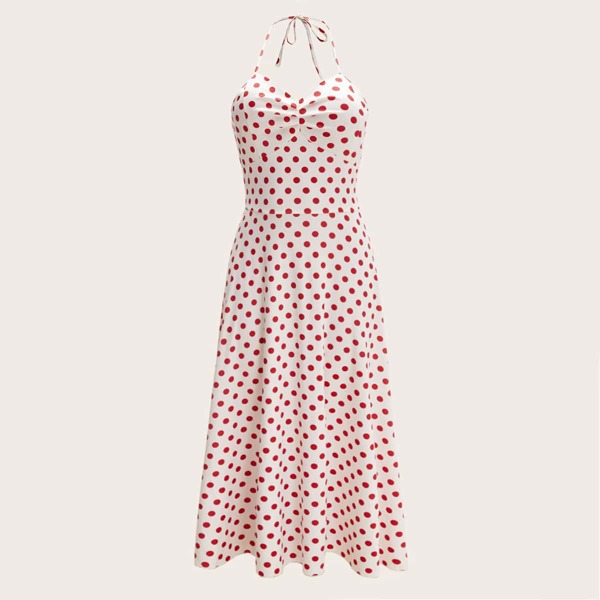 

Plus Polka Dot Tie Back Halter Dress, Red and white
