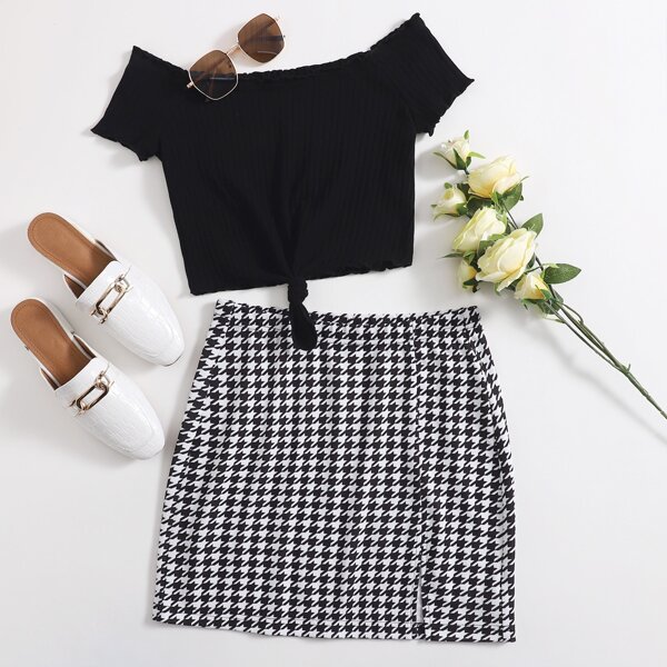 

Lettuce Trim Knot Front Tee & Houndstooth Split Hem Skirt Set, Black and white