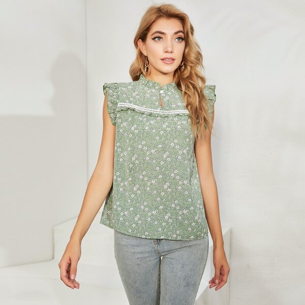 

Ditsy Floral Lace Insert Frill Neck Blouse, Mint green