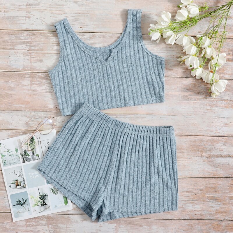 

Solid Notched Neck Lounge Set, Dusty blue