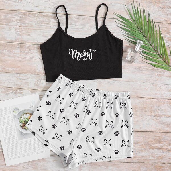 

Rib Cartoon & Letter Graphic Pajama Set, Black and white