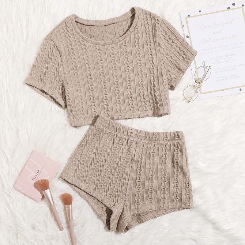 

Solid Cable Knit Lounge Set, Khaki