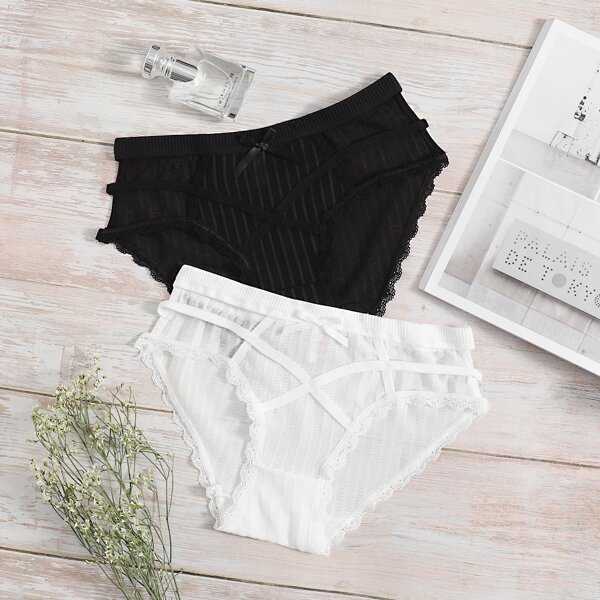 

2pack Lace Trim Cut-out Panty Set, Black and white