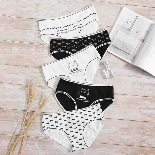 

5pack Cartoon Graphic Panty Set, Black and white